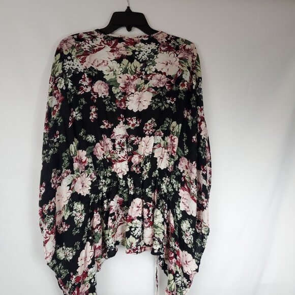 Libery Love Black/Pink Floral Print Tie Front Lace Edge Wmns Sz XL Kimono Blouse - Picture 12 of 15